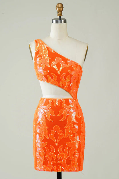 Amzcw Orange One Shoulder Glitter Homecoming Dress with Hollow-out