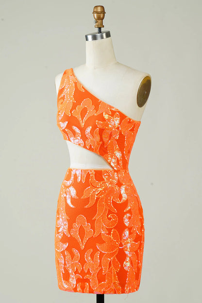 Amzcw Orange One Shoulder Glitter Homecoming Dress with Hollow-out