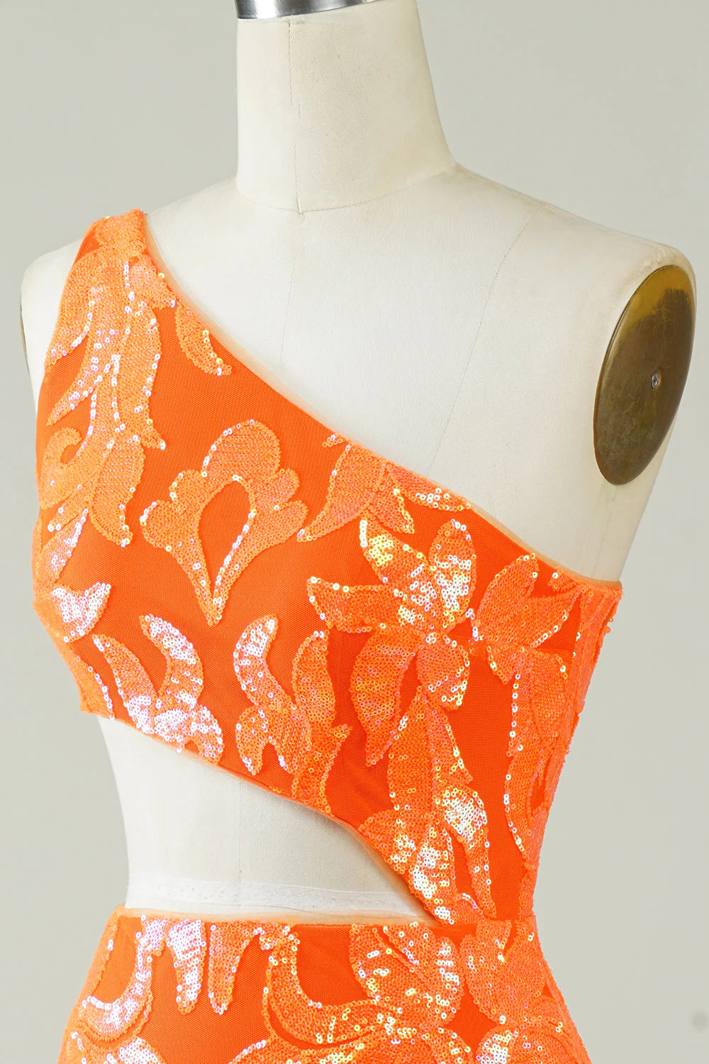 Amzcw Orange One Shoulder Glitter Homecoming Dress with Hollow-out