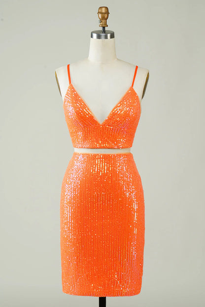Amzcw Two Piece Orange Sequins Tight Homecoming Dress