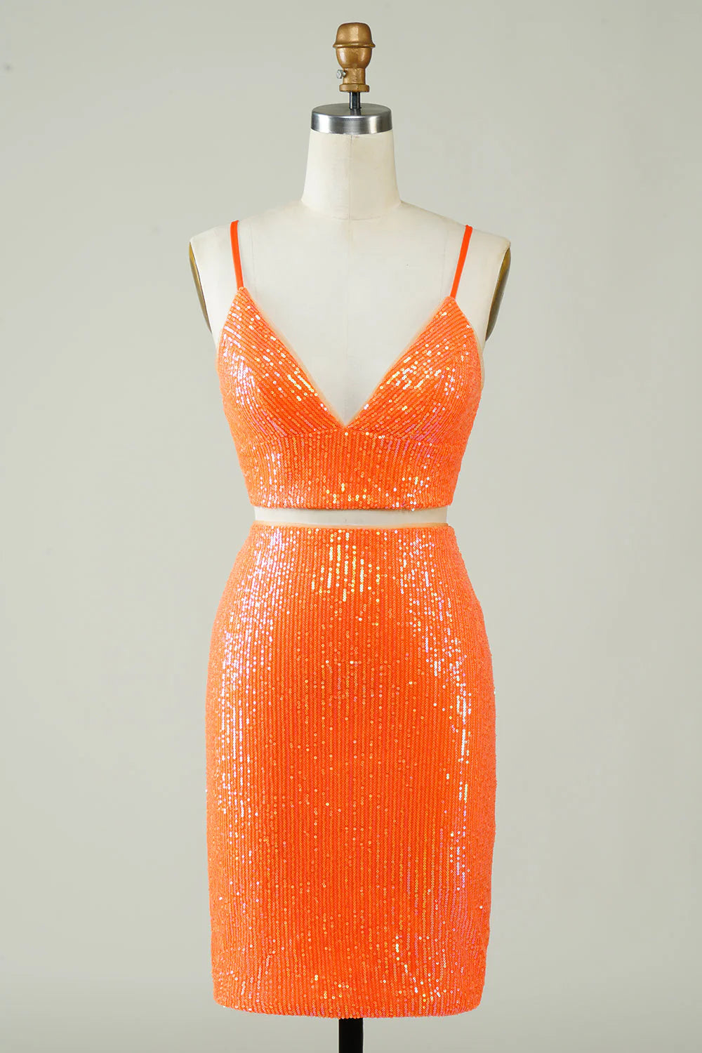 Amzcw Two Piece Orange Sequins Tight Homecoming Dress