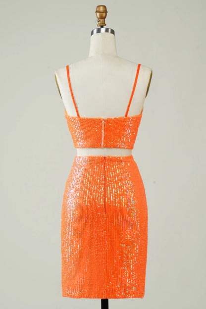 Amzcw Two Piece Orange Sequins Tight Homecoming Dress