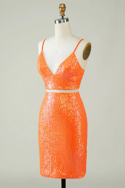 Amzcw Two Piece Orange Sequins Tight Homecoming Dress