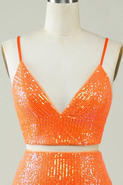 Amzcw Two Piece Orange Sequins Tight Homecoming Dress