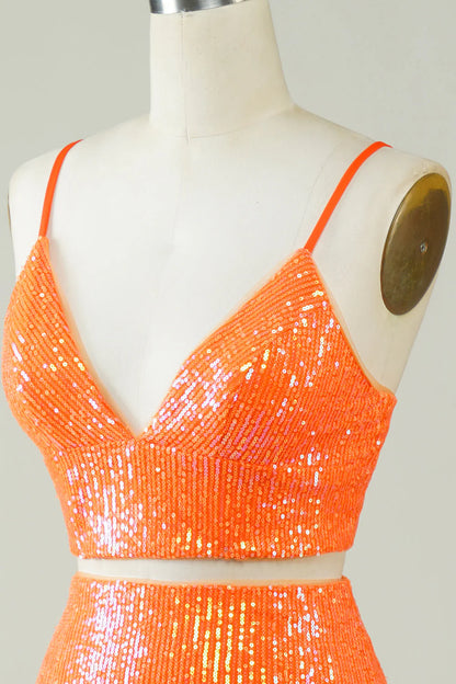 Amzcw Two Piece Orange Sequins Tight Homecoming Dress