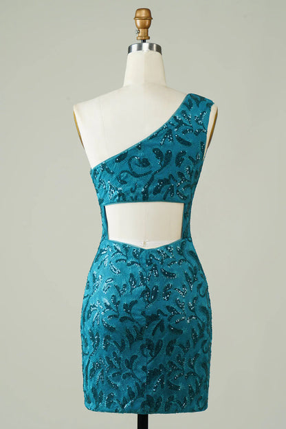 Amzcw Blue One Shoulder Tight Homecoming Dress with Back Hollow-out
