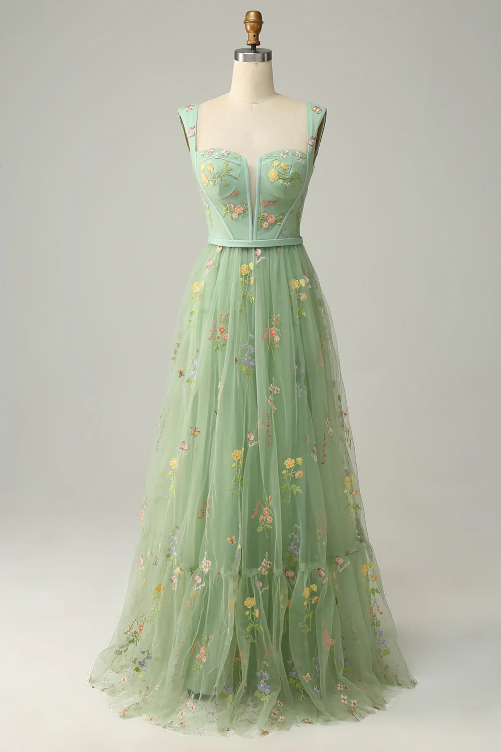 Amzcw Green A-Line Square Neck Prom Dress with Embroidery