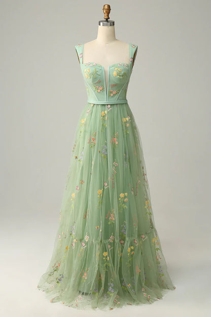 Amzcw Green A-Line Square Neck Prom Dress with Embroidery