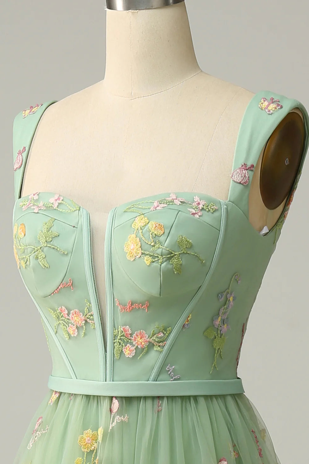 Amzcw Green A-Line Square Neck Prom Dress with Embroidery