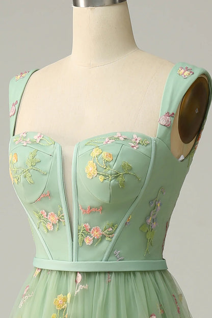 Amzcw Green A-Line Square Neck Prom Dress with Embroidery