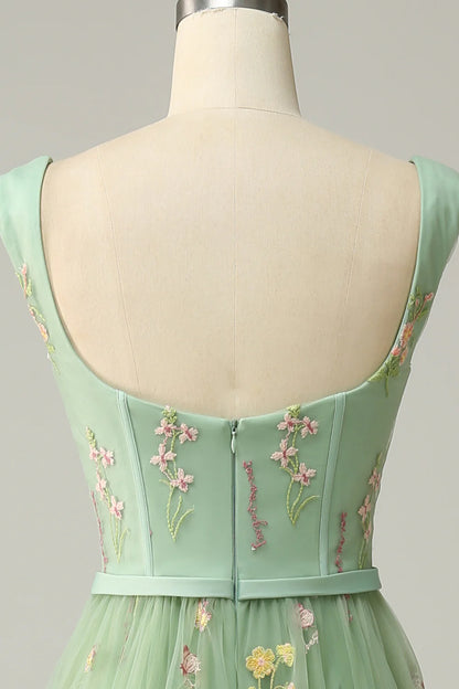 Amzcw Green A-Line Square Neck Prom Dress with Embroidery