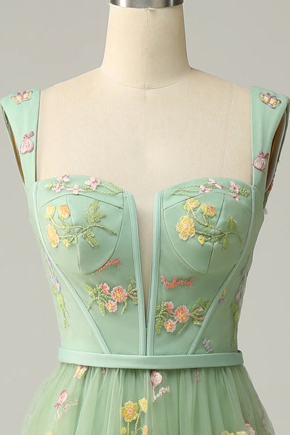 Amzcw Green A-Line Square Neck Prom Dress with Embroidery