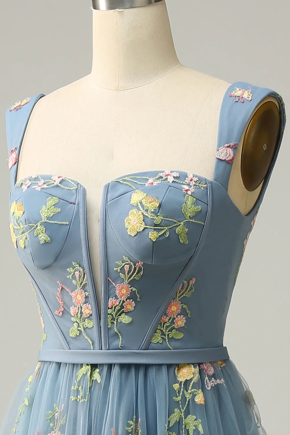 Amzcw Grey Blue A-Line Square Neck Embroidered Prom Dress