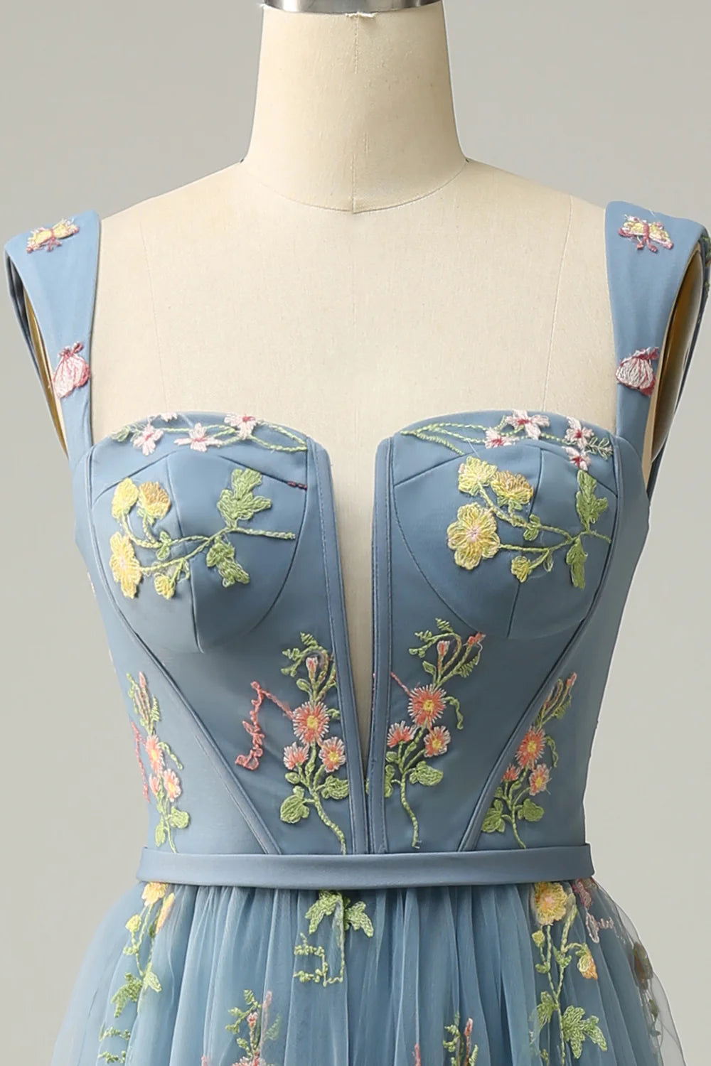 Amzcw Grey Blue A-Line Square Neck Embroidered Prom Dress