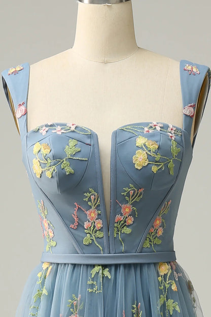 Amzcw Grey Blue A-Line Square Neck Embroidered Prom Dress