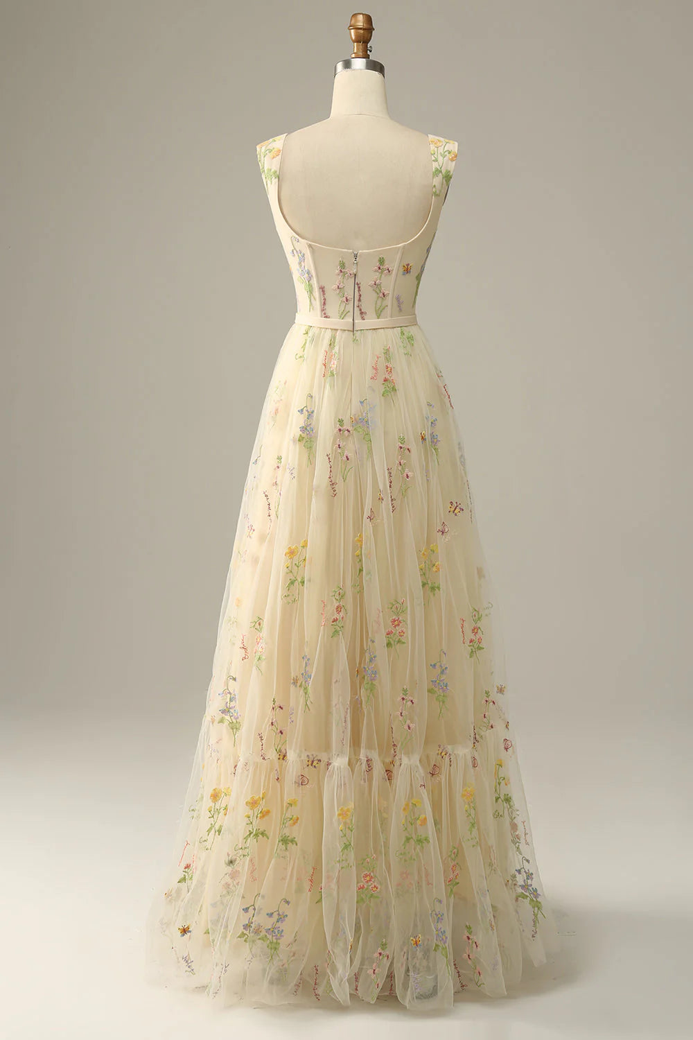 Amzcw Champagne A-Line Square Neck Embroidered Prom Dress