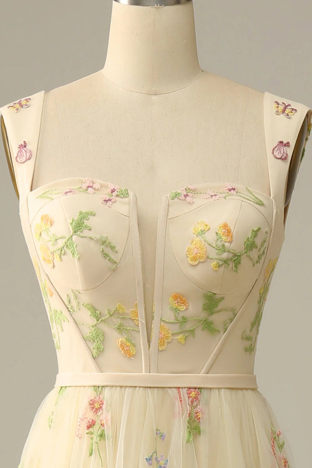 Amzcw Champagne A-Line Square Neck Embroidered Prom Dress