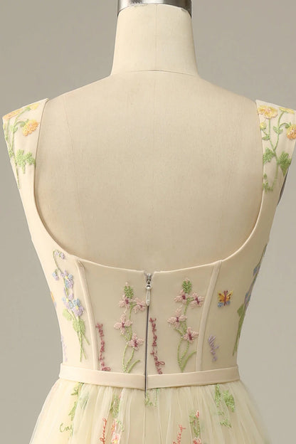 Amzcw Champagne A-Line Square Neck Embroidered Prom Dress