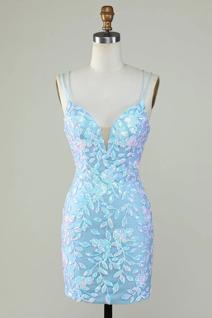Amzcw Sparkly Lace-Up Back Light Blue Homecoming Dress