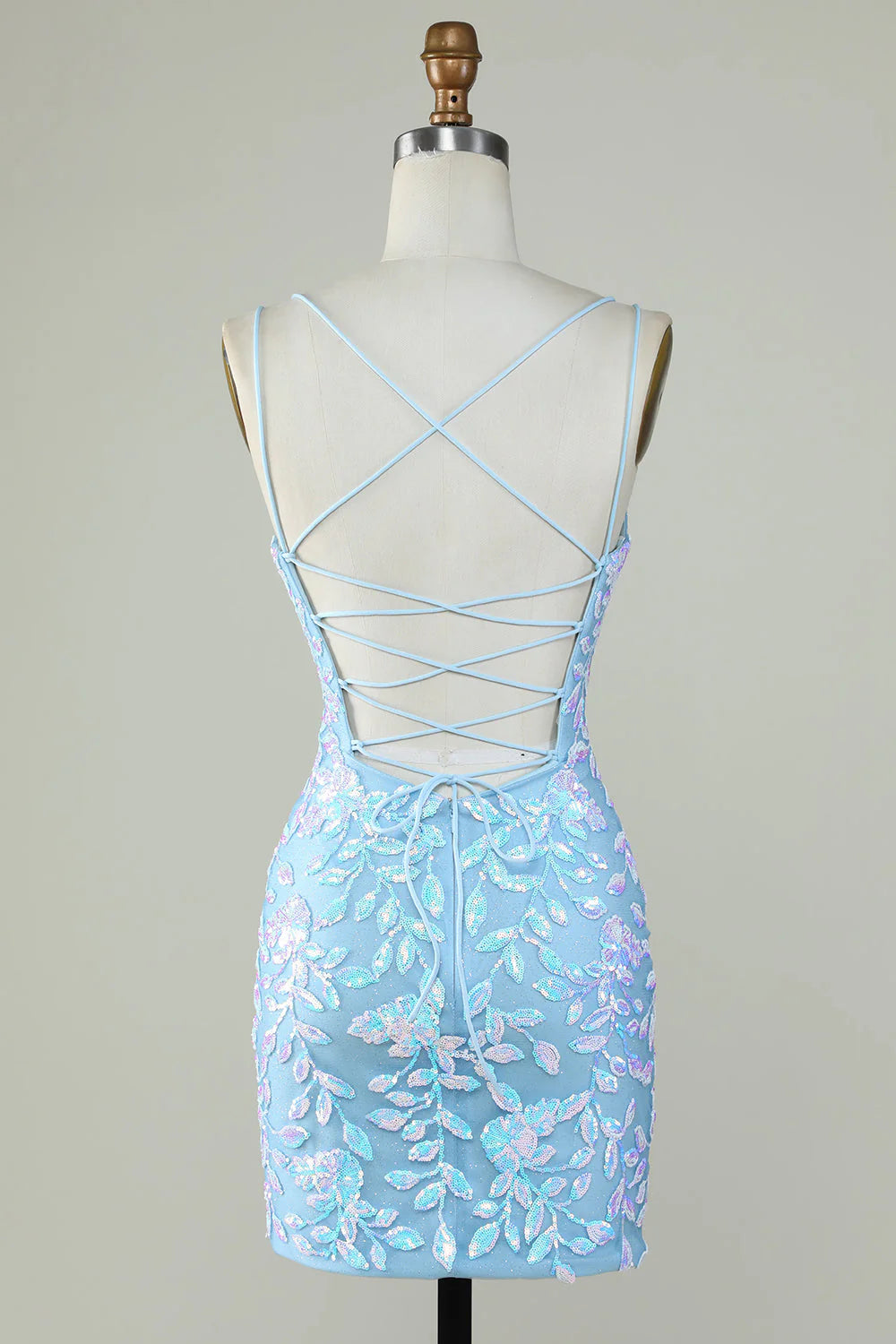 Amzcw Sparkly Lace-Up Back Light Blue Homecoming Dress