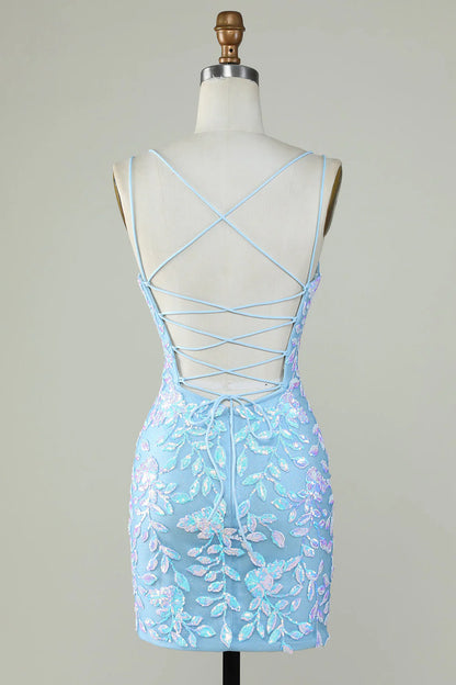 Amzcw Sparkly Lace-Up Back Light Blue Homecoming Dress