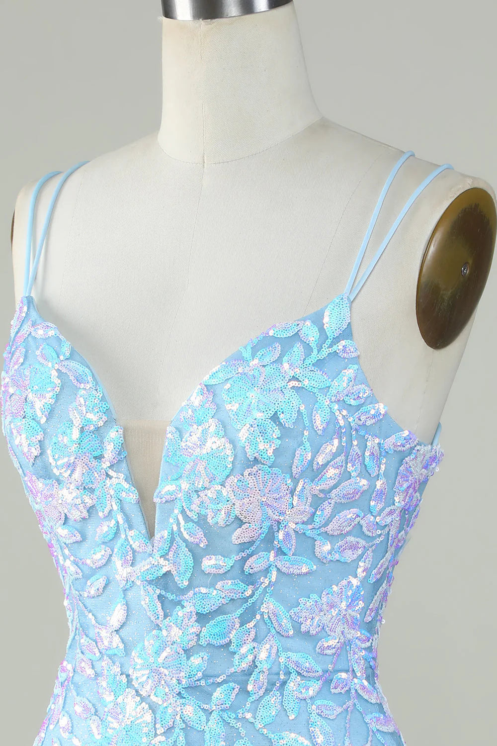 Amzcw Sparkly Lace-Up Back Light Blue Homecoming Dress