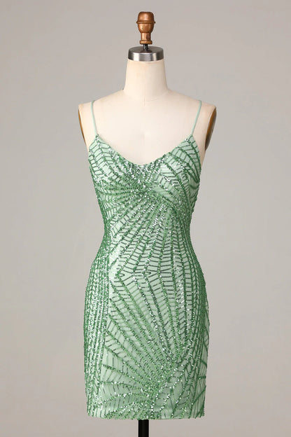 Amzcw Stylish Green Sheath Sequins Short Homecoming Dress with Criss Cross Back