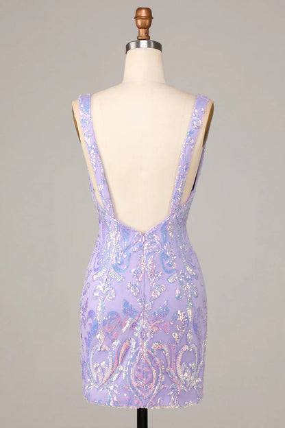 Amzcw Chic Lilac Bodycon V Neck Sparkly Sequins Short Homecoming Dress