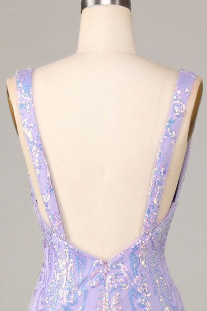 Amzcw Chic Lilac Bodycon V Neck Sparkly Sequins Short Homecoming Dress