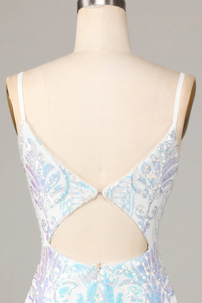 Amzcw Sheath Spaghetti Straps White Sequins Short Homecoming Dress