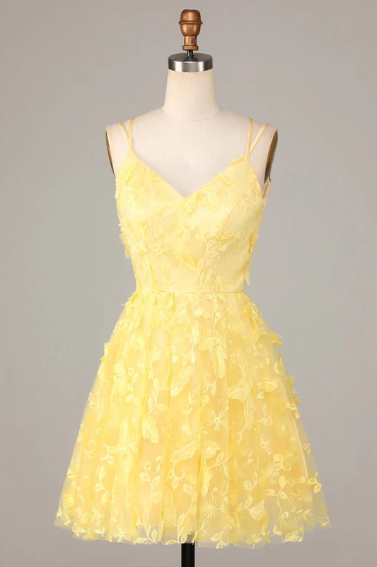 Amzcw Yellow A-Line Spaghetti Straps Short Homecoming Dress with Appliques