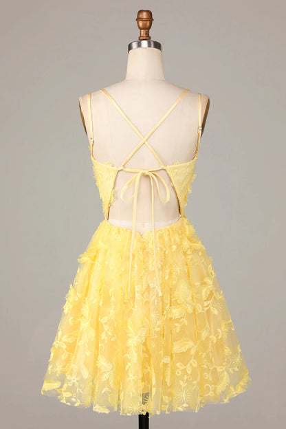 Amzcw Yellow A-Line Spaghetti Straps Short Homecoming Dress with Appliques