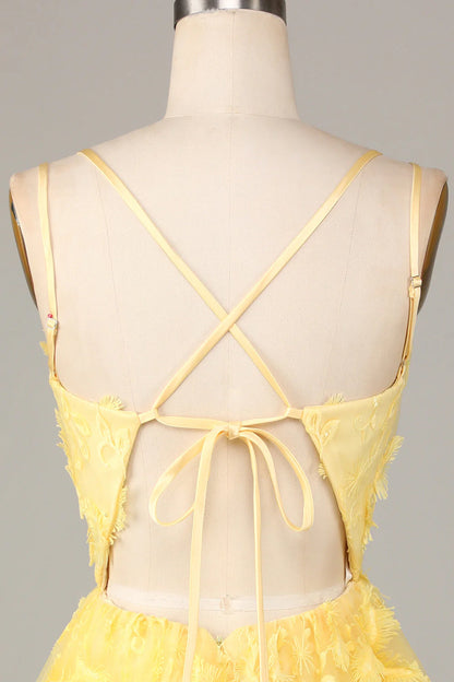 Amzcw Yellow A-Line Spaghetti Straps Short Homecoming Dress with Appliques