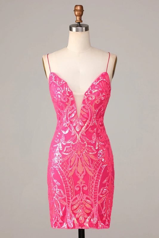 Amzcw Chic Sparkly Hot Pink Sheath Spaghetti Straps Sequins Short Homecoming Dress