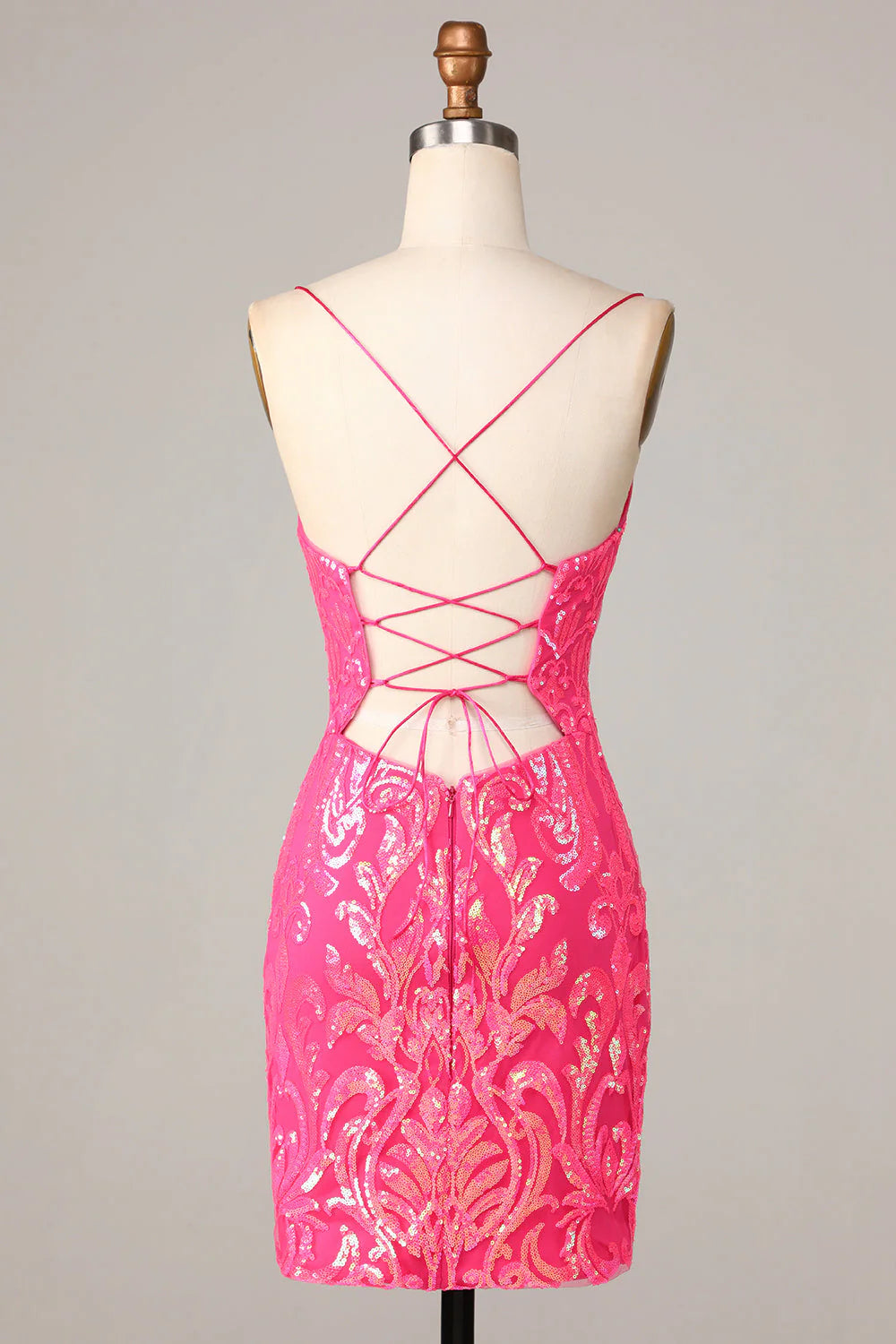 Amzcw Chic Sparkly Hot Pink Sheath Spaghetti Straps Sequins Short Homecoming Dress