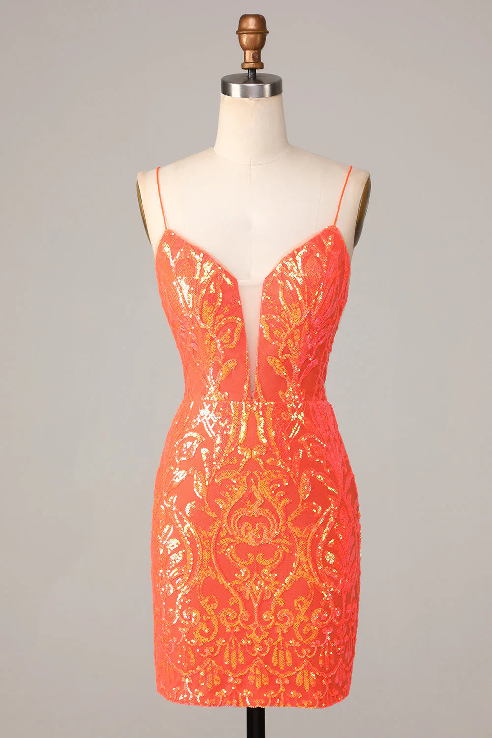 Amzcw Sparkly Orange Bodycon Spaghetti Straps Sequins Short Homecoming Dress