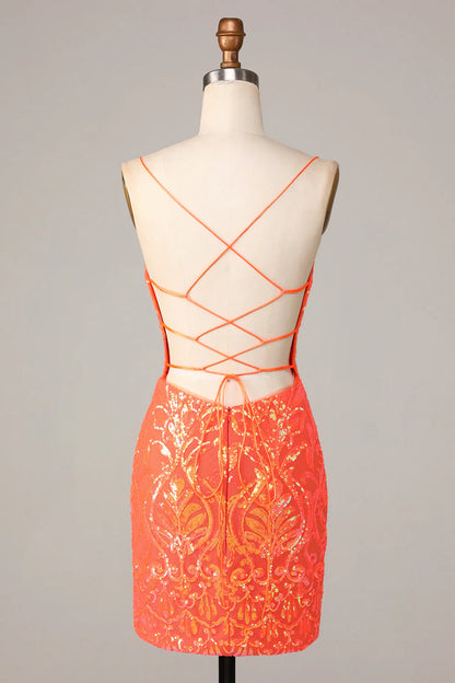 Amzcw Sparkly Orange Bodycon Spaghetti Straps Sequins Short Homecoming Dress