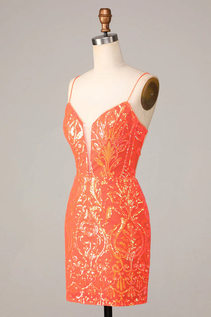 Amzcw Sparkly Orange Bodycon Spaghetti Straps Sequins Short Homecoming Dress