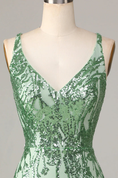 Amzcw Sparkly Sheath V-Neck Green Sequins Backless Short Homecoming Dress