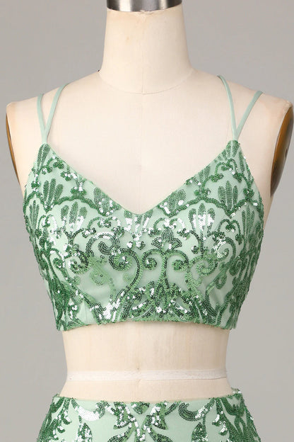 Amzcw Ultimate Glow Green Two Piece Spaghetti Straps Sequins Short Homecoming Dress