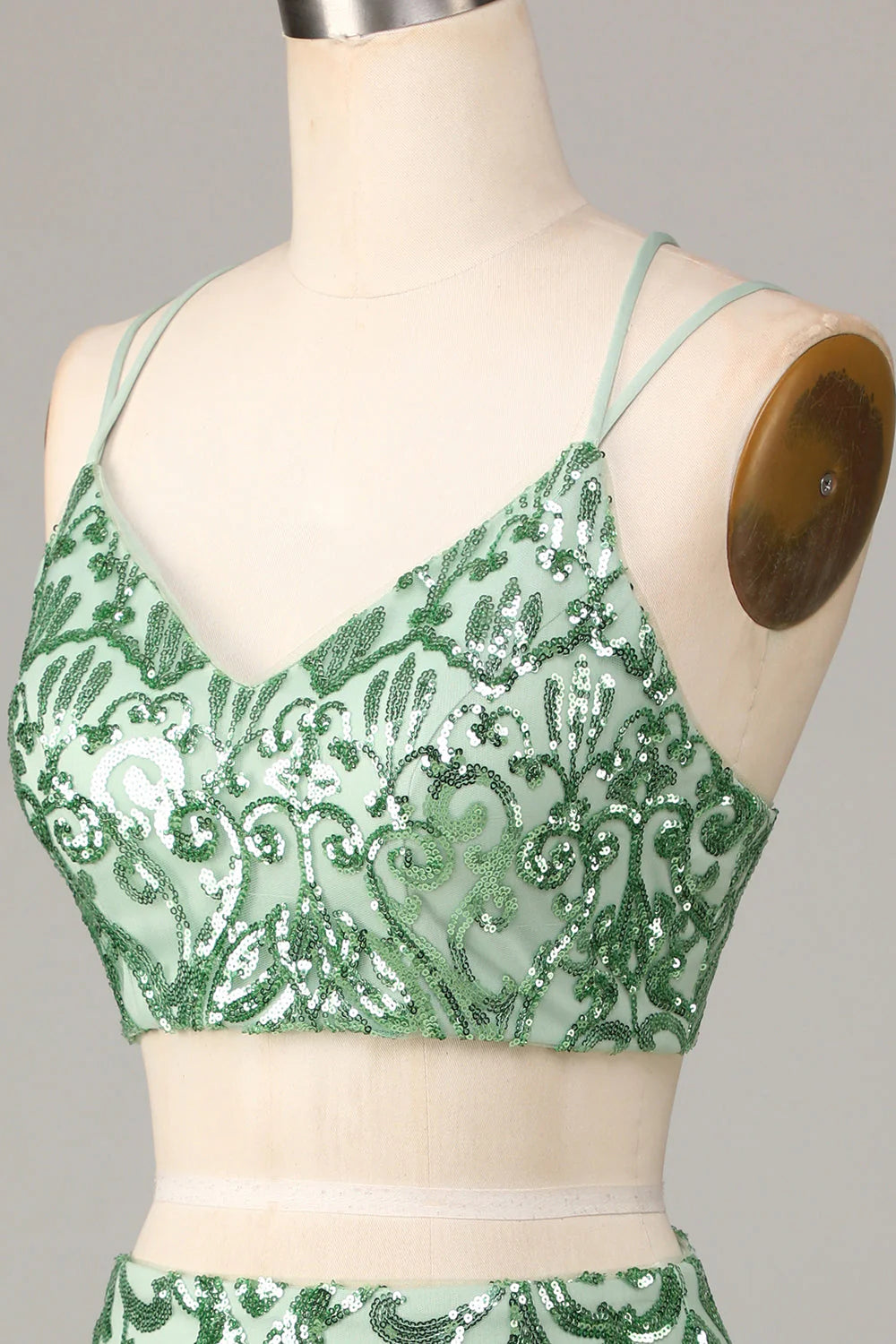 Amzcw Ultimate Glow Green Two Piece Spaghetti Straps Sequins Short Homecoming Dress