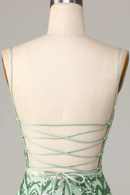 Amzcw Stylish Green Bodycon Spaghetti Straps Backless Sequins Short Homecoming Dress