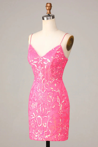 Amzcw Amazing Sheath Fuchsia Spaghetti Straps Sequins Homecoming Dress