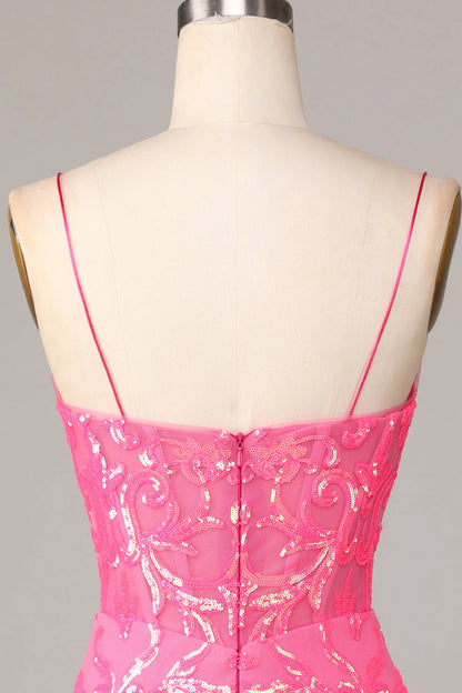 Amzcw Amazing Sheath Fuchsia Spaghetti Straps Sequins Homecoming Dress