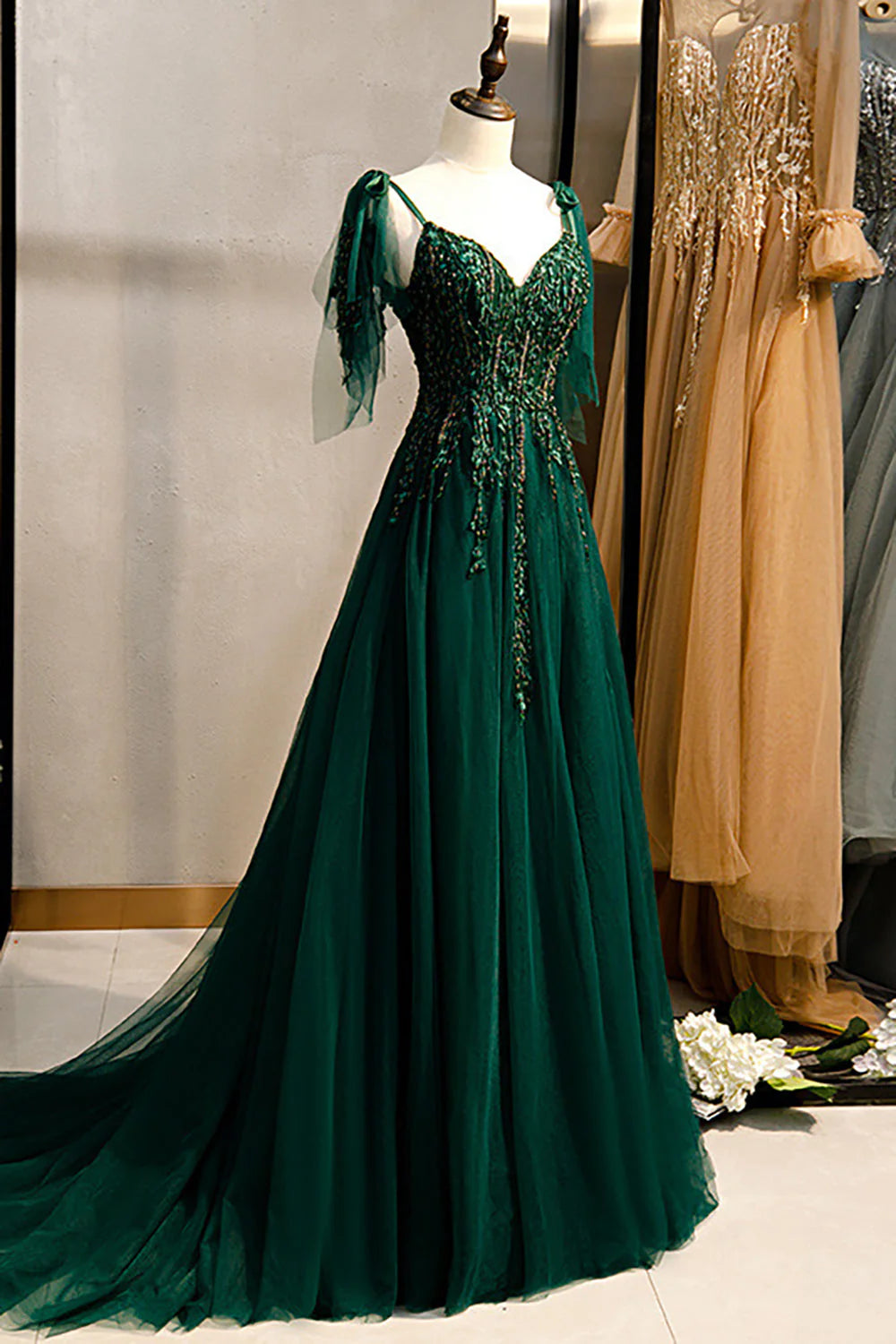 Amzcw Dark Green A-Line Spaghetti Straps Prom Dress with Beading