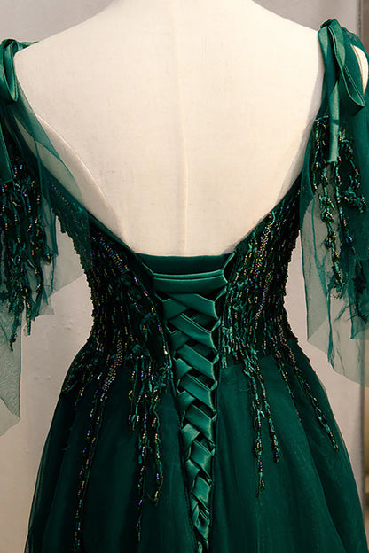 Amzcw Dark Green A-Line Spaghetti Straps Prom Dress with Beading