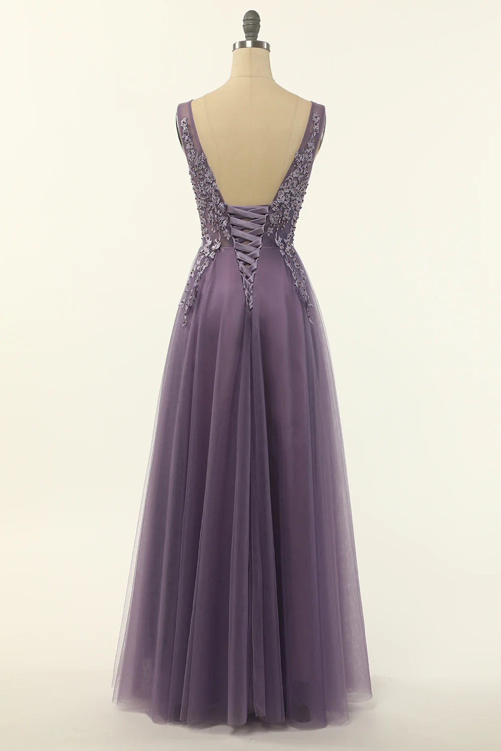 Vestido de fiesta de tul morado con corte A