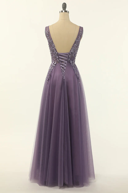 Vestido de fiesta de tul morado con corte A