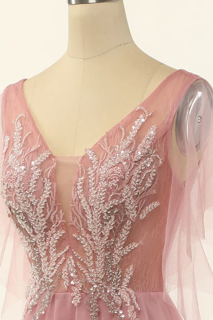 Vestido de fiesta de tul con cuentas color rubor, corte A 