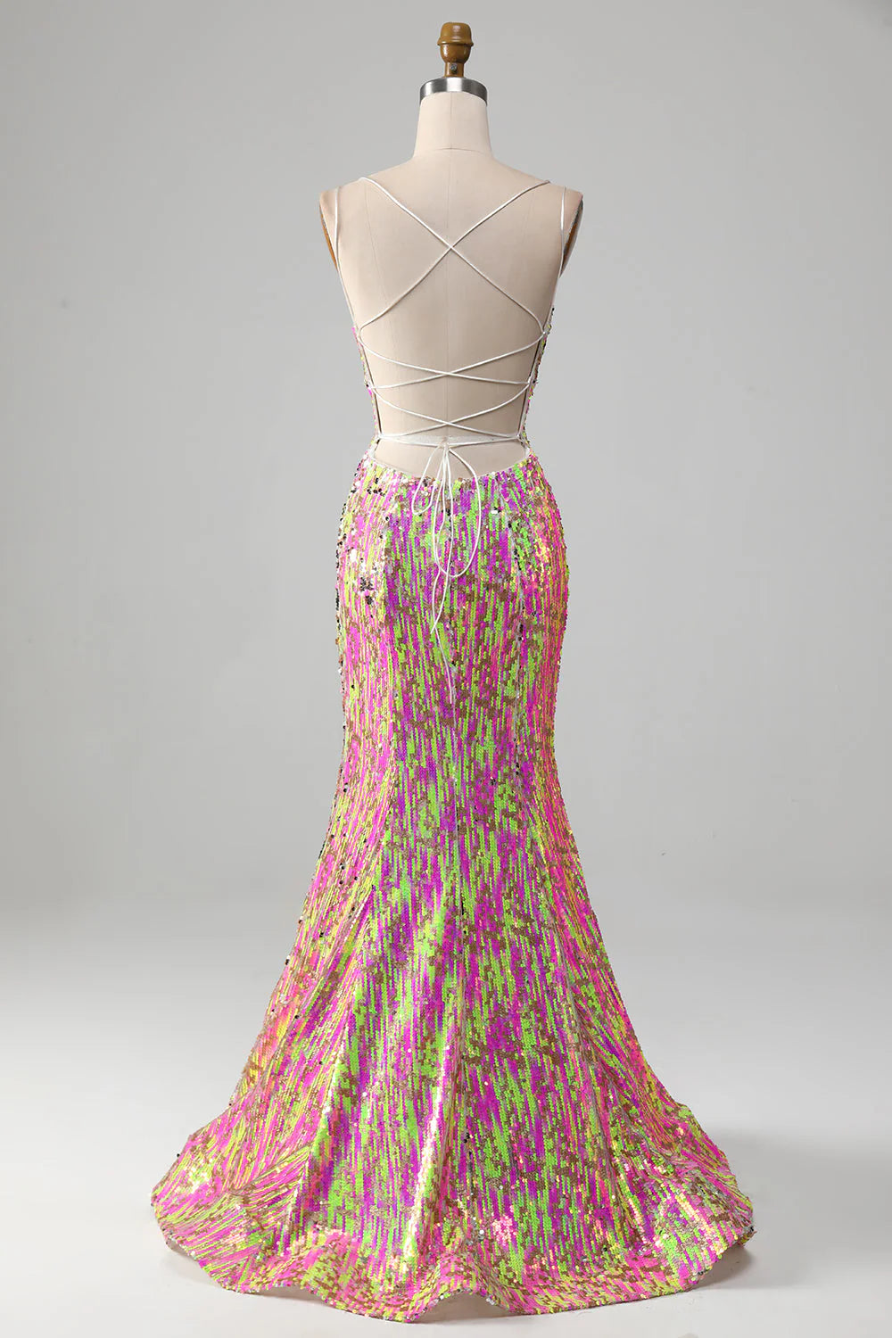 Amzcw Fuchsia Mermaid Spaghetti Straps Sparkly Sequin Prom Dress with Slit prom clothing